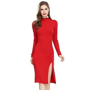 High Neck Long Sleeve Bodycon Midi Cocktail Dress